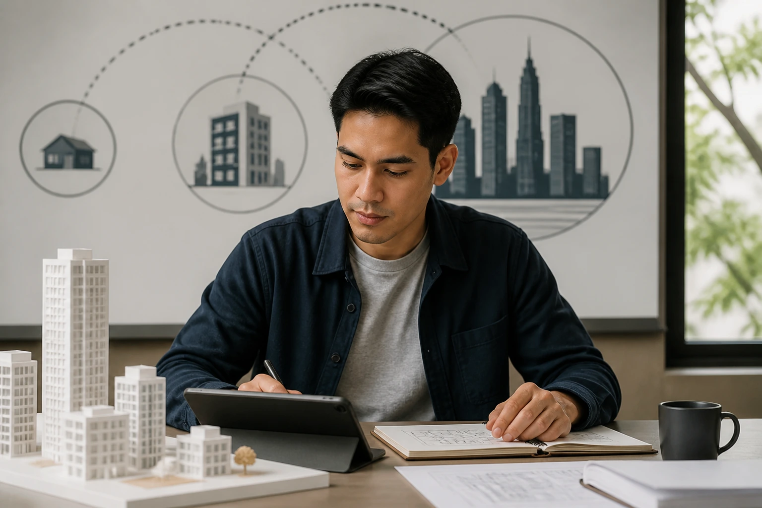 Candidate in a modern office examining a diagram on the wall representing varied architecture firms