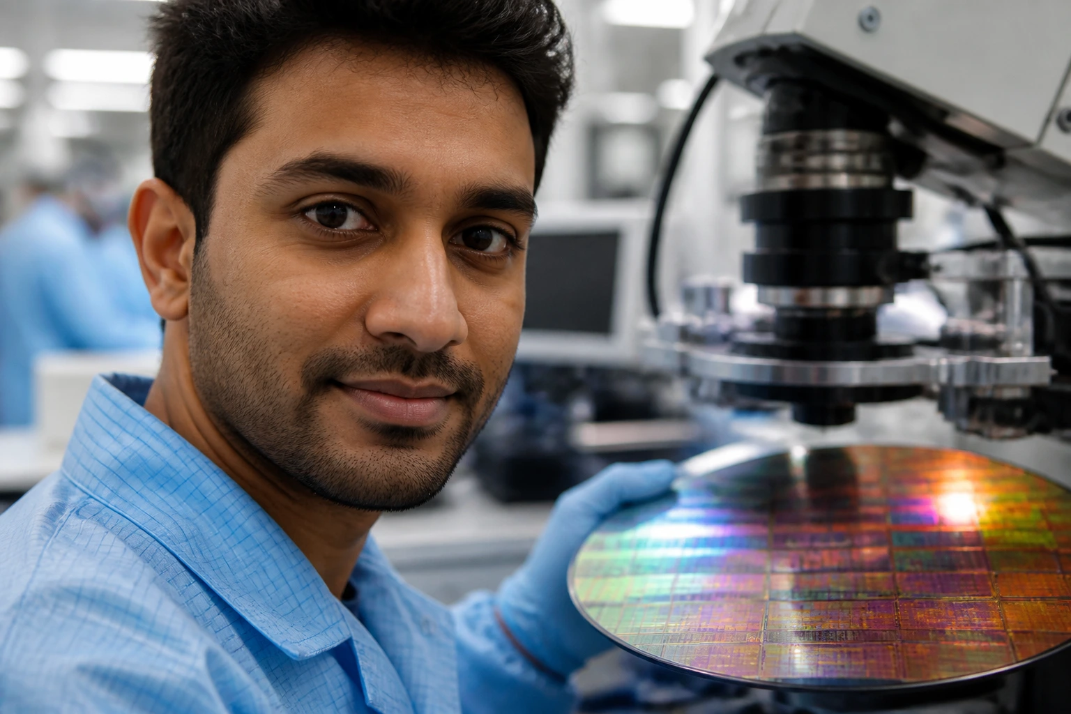 Close-up of a semiconductor engineer in a clean lab with wafers, illustrating ARM sponsorship