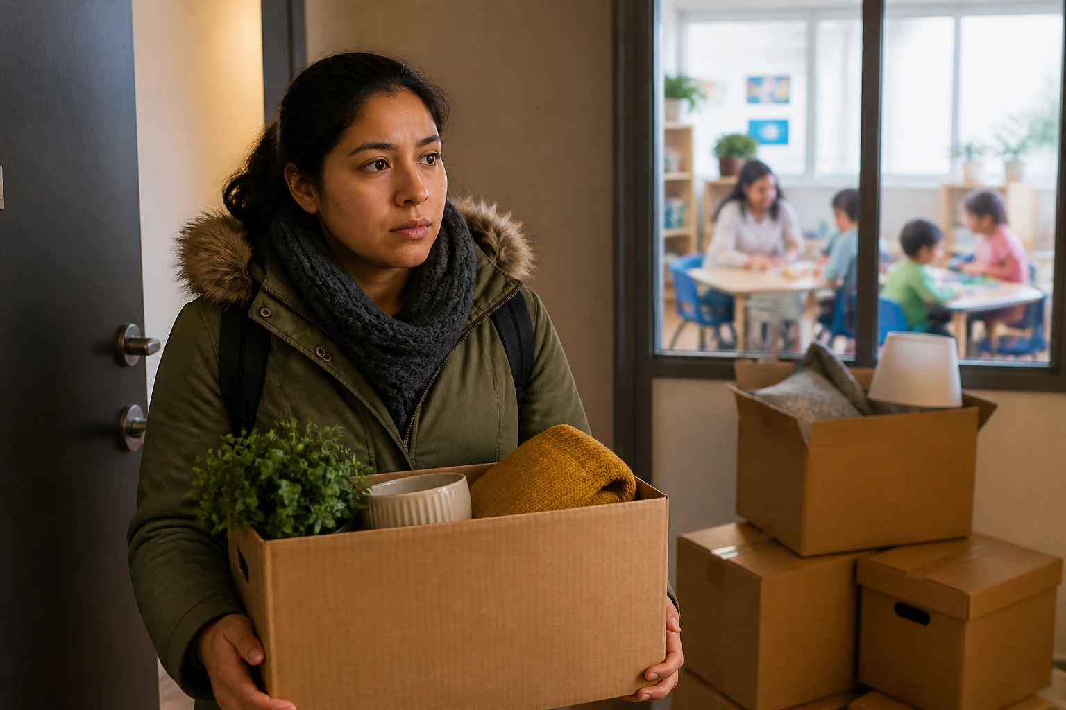 Portrait of newcomer with moving boxes in apartment setting and classroom visible through window.