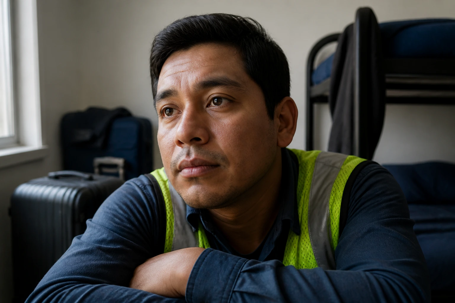 Close-up portrait of a real worker in a shared housing setting showing first-week arrival experience