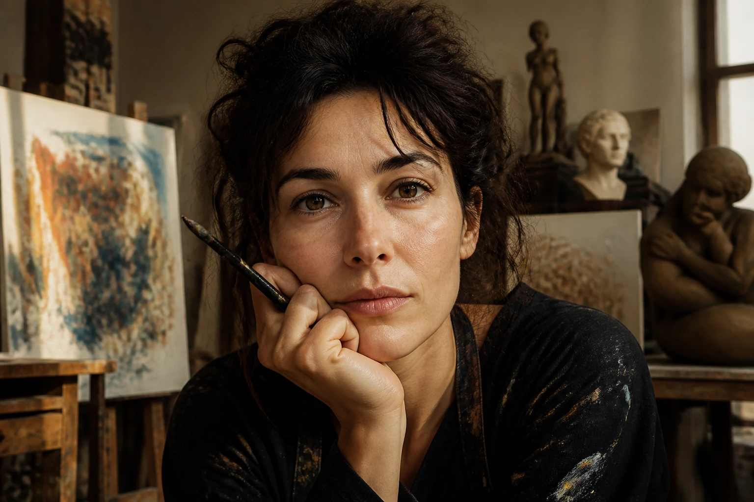 Portrait of an artist in studio with artworks in the background