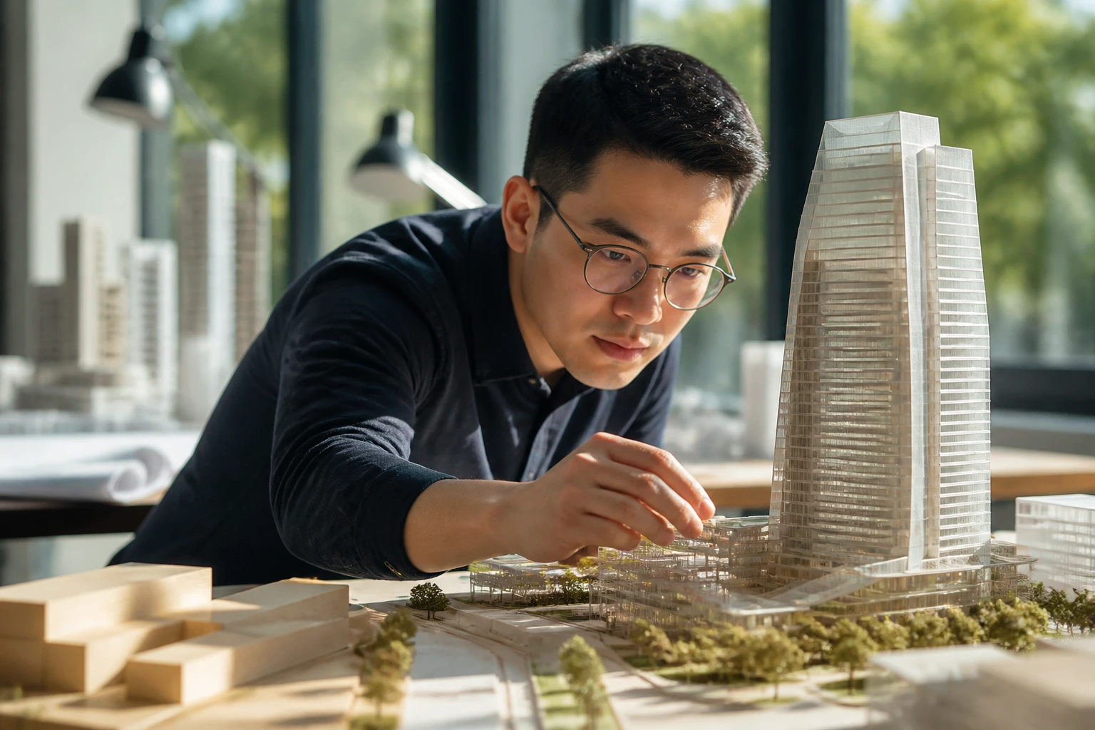Designer examining an architectural model in a sunlit studio