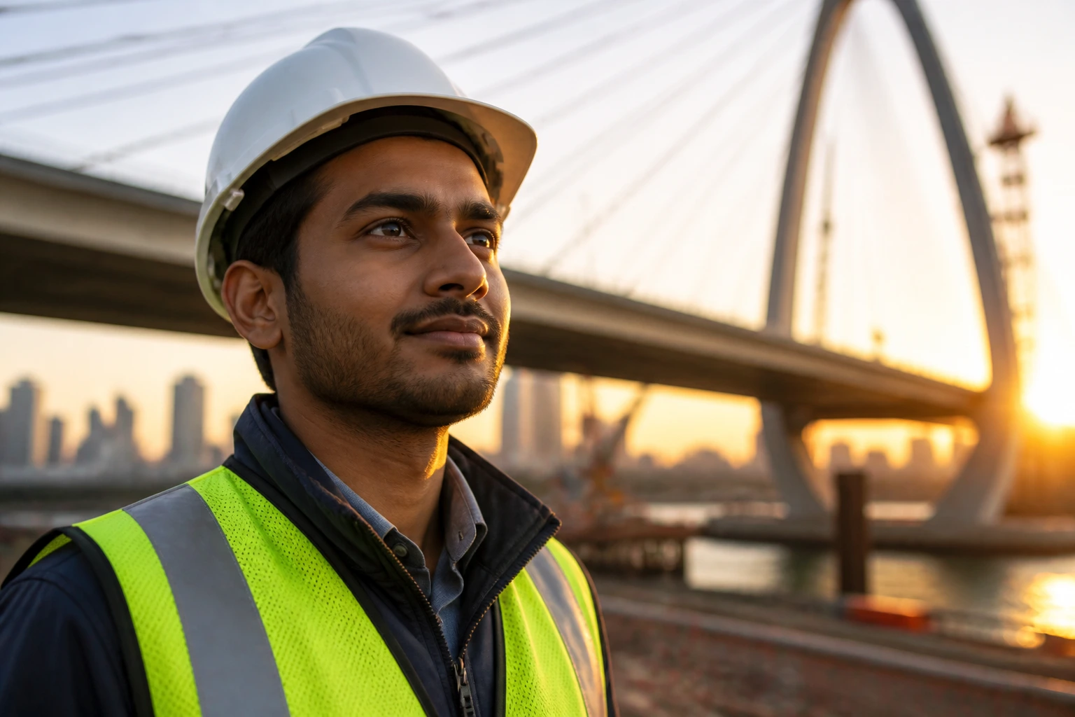 Close-up portrait of an engineer on an infrastructure site with a bridge in the background.