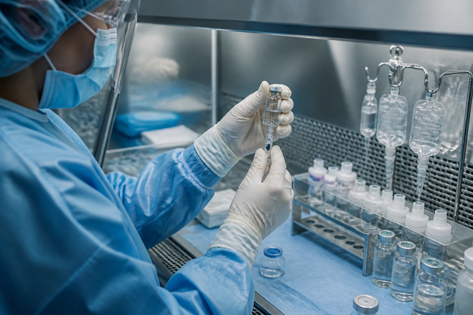 Close-up of gloved hands performing sterile aseptic technique in a cleanroom