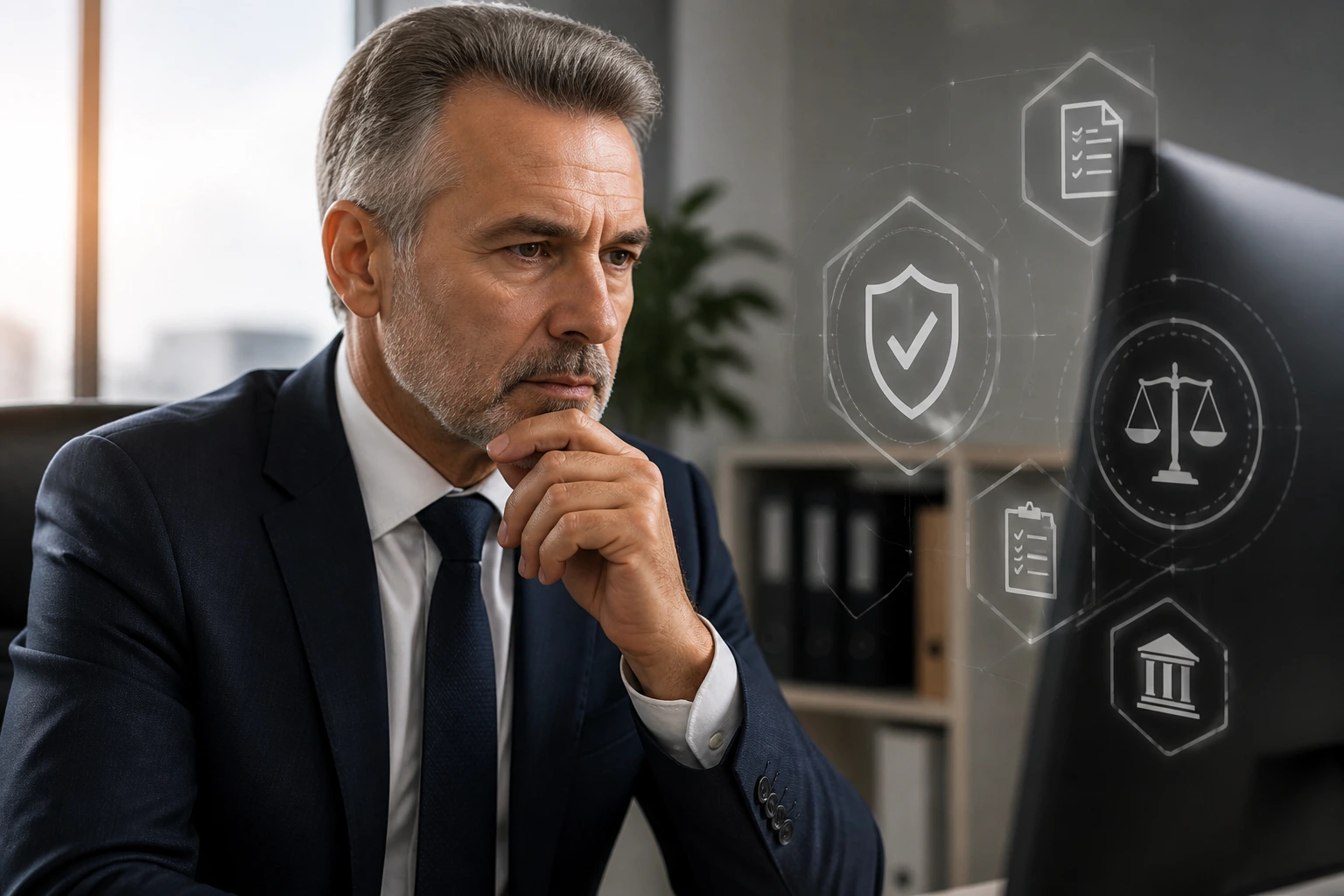 Senior broker examining compliance visuals highlighting local regulatory knowledge