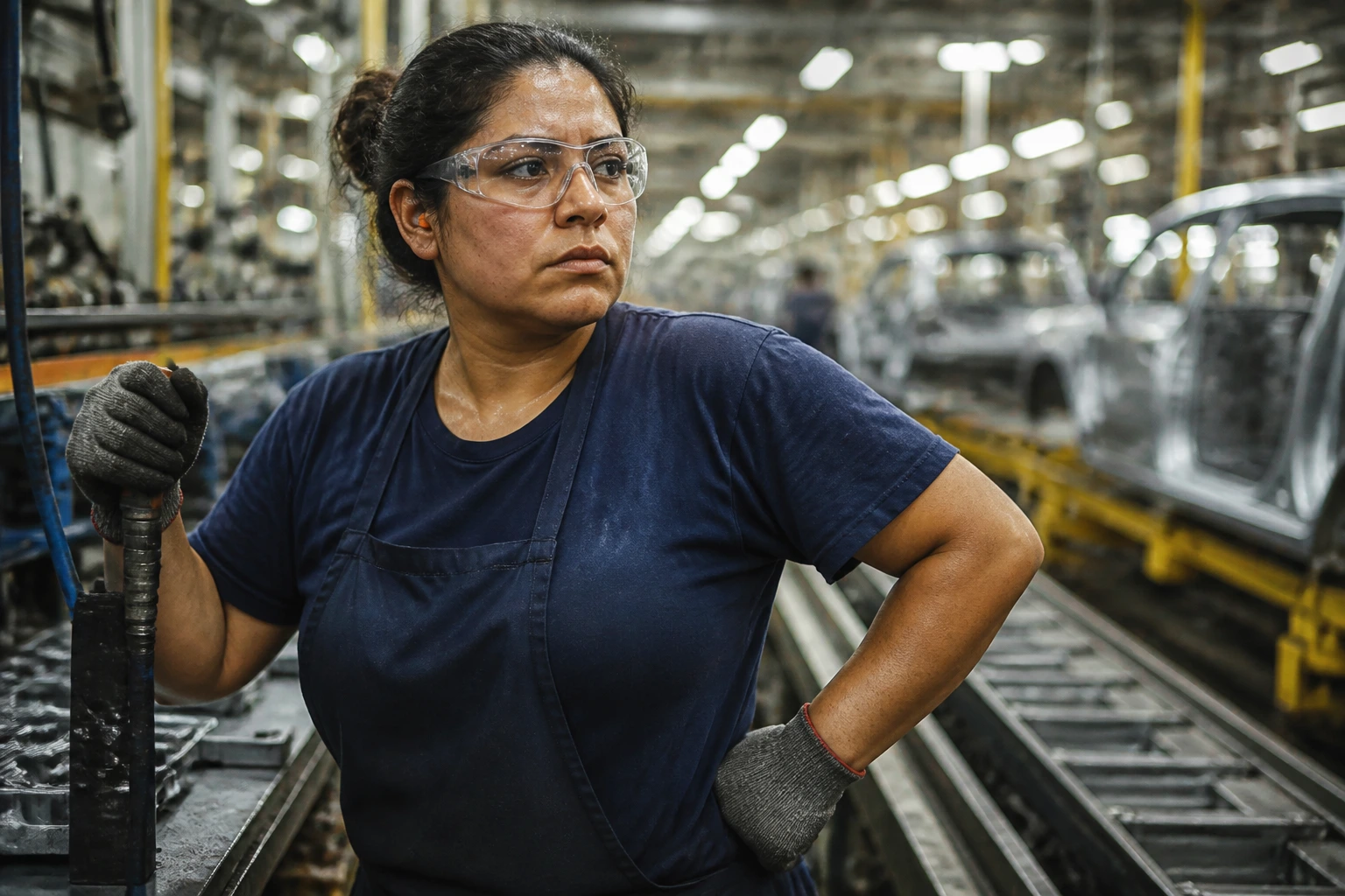 Portrait of an assembly line worker during shift with factory environment in background.