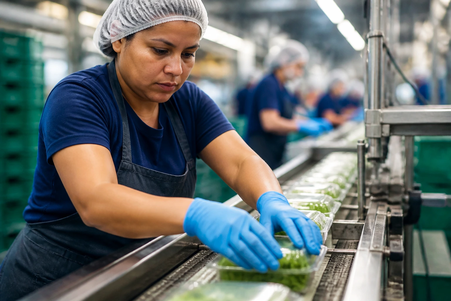 Close-up of a worker performing an assembly line task at a packaging station