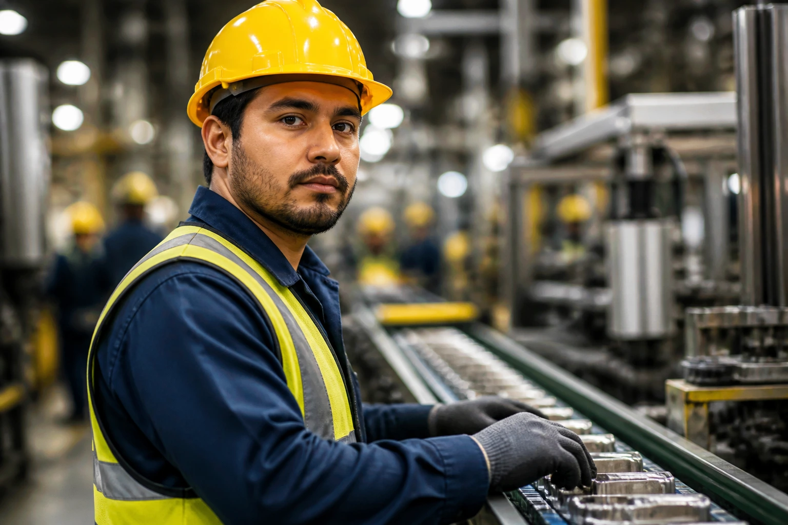 Close-up portrait of an assembly line worker on a busy factory floor