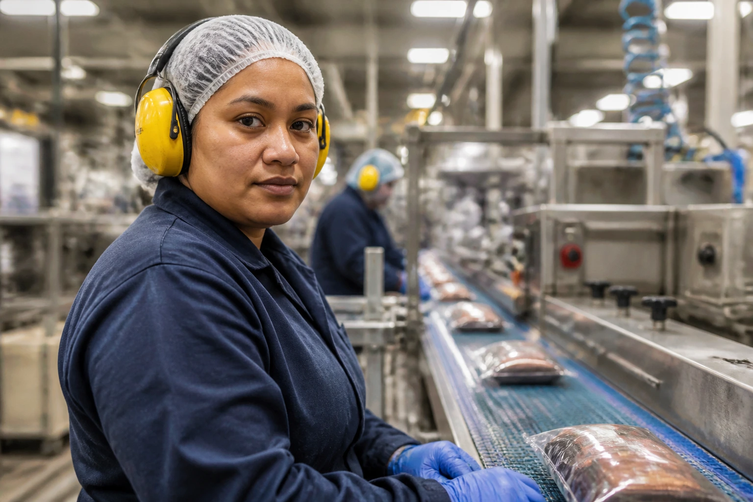 Close-up portrait of an assembly line worker in PPE beside a live production line in an Australian factory