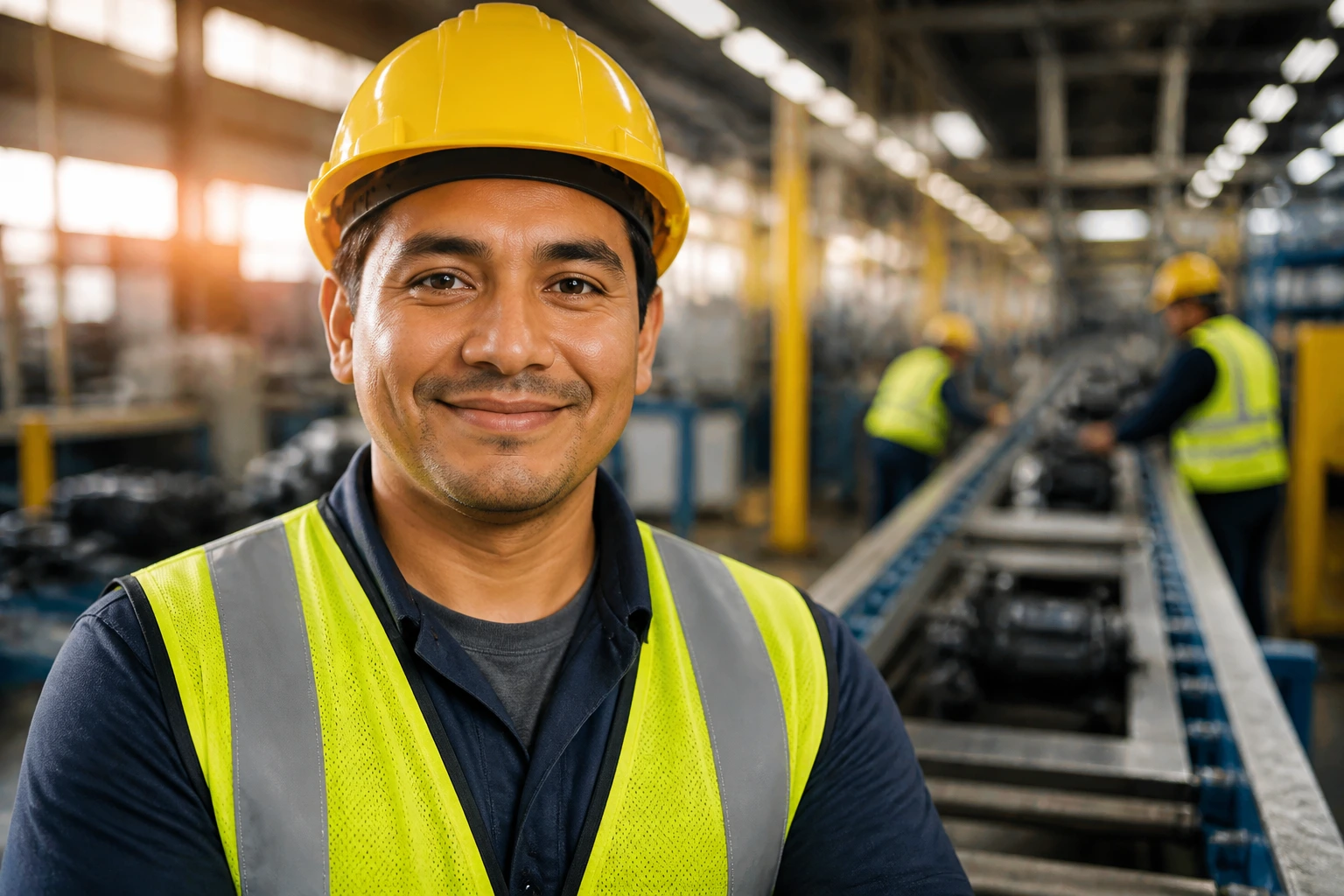 Portrait of a qualified assembly line worker in safety gear in a factory.