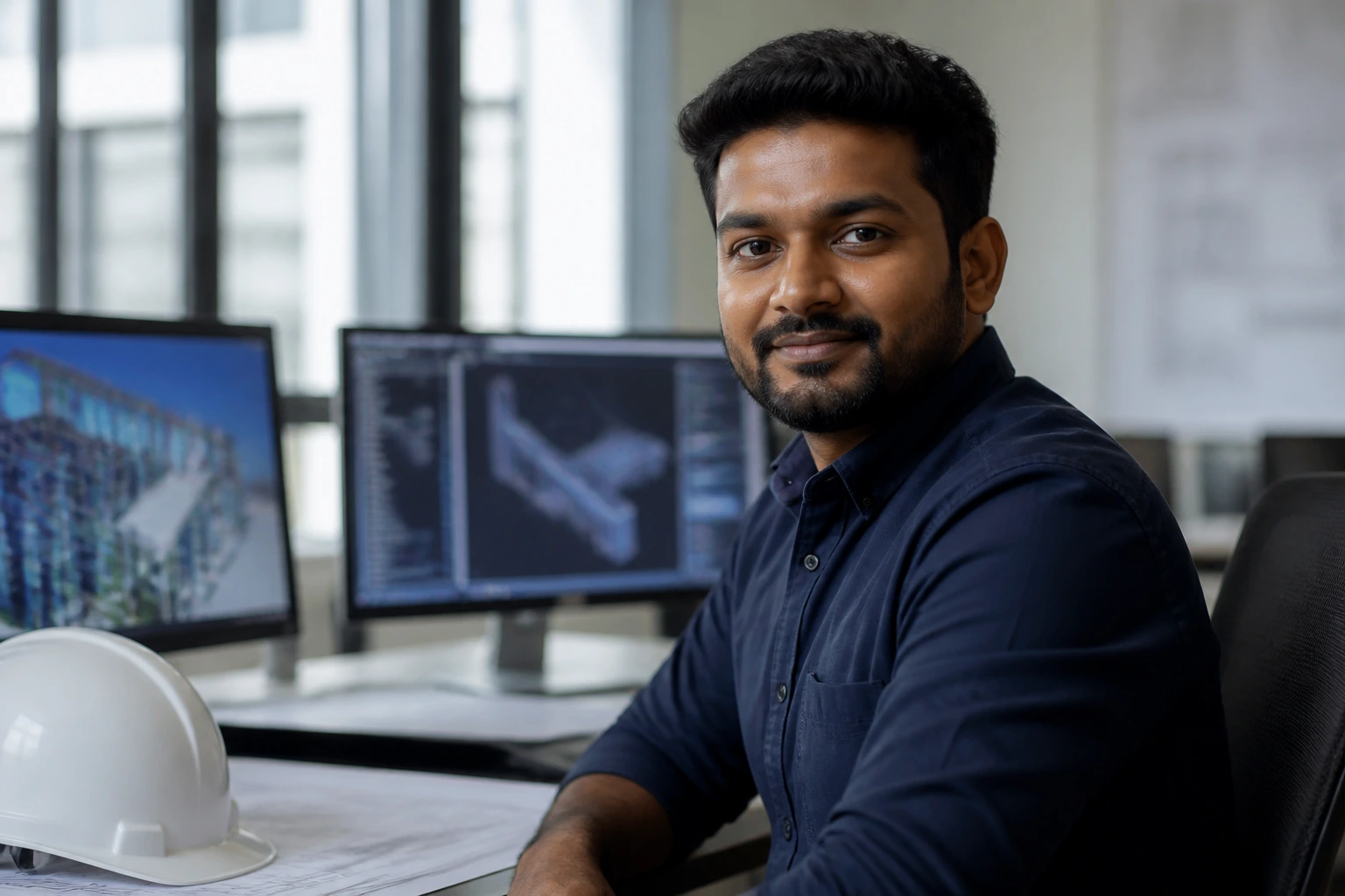 Engineer in a design studio with plans and diagrams behind.