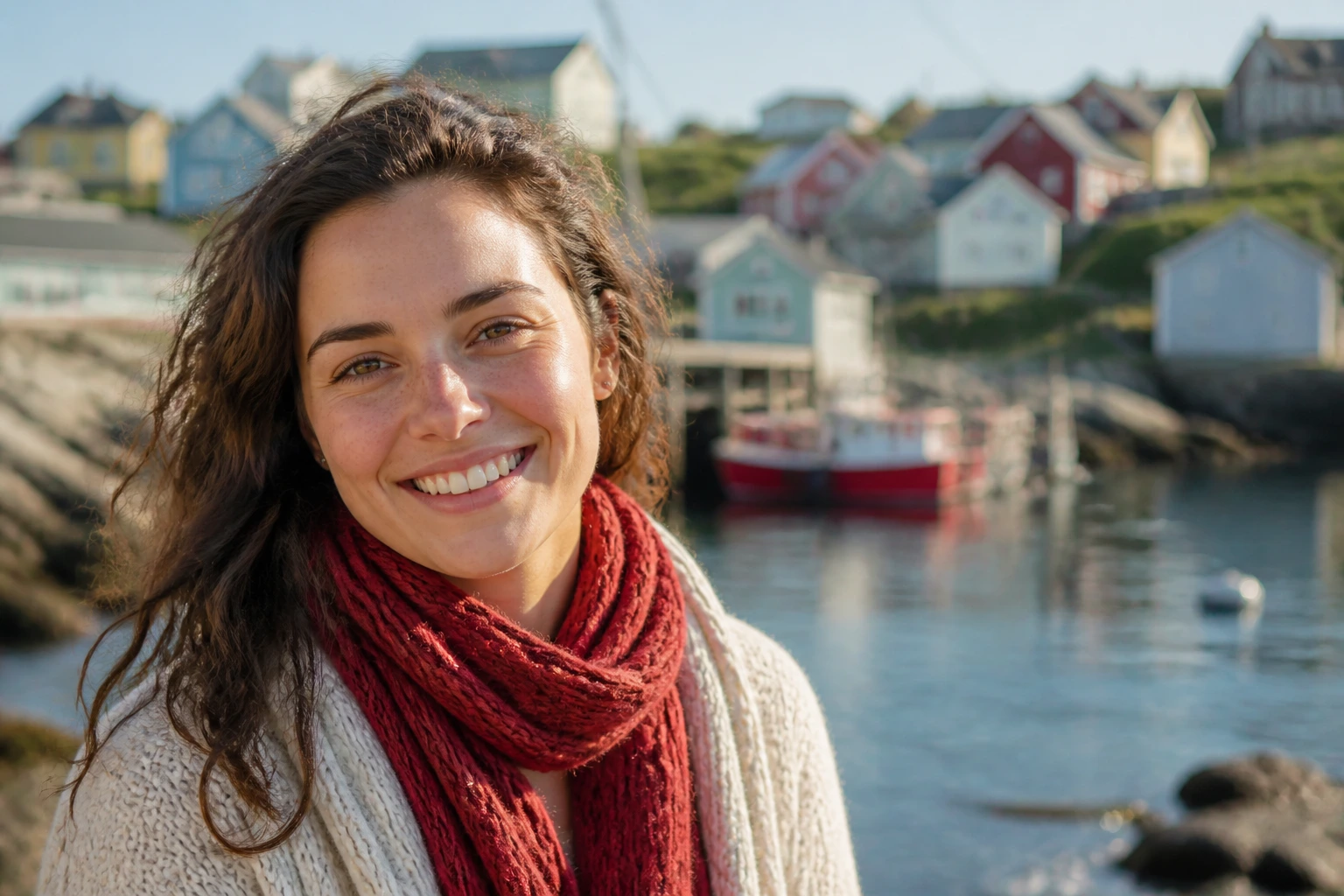 Smiling person in coastal Atlantic Canada town