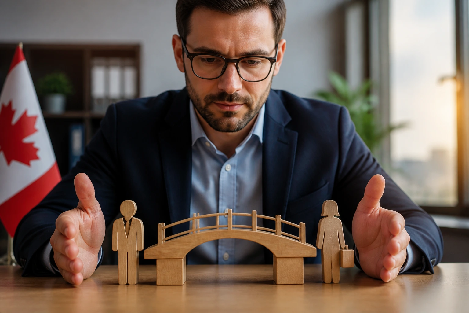 Close-up portrait of a professional contemplating the Atlantic Immigration Program with a bridge model symbolizing connection