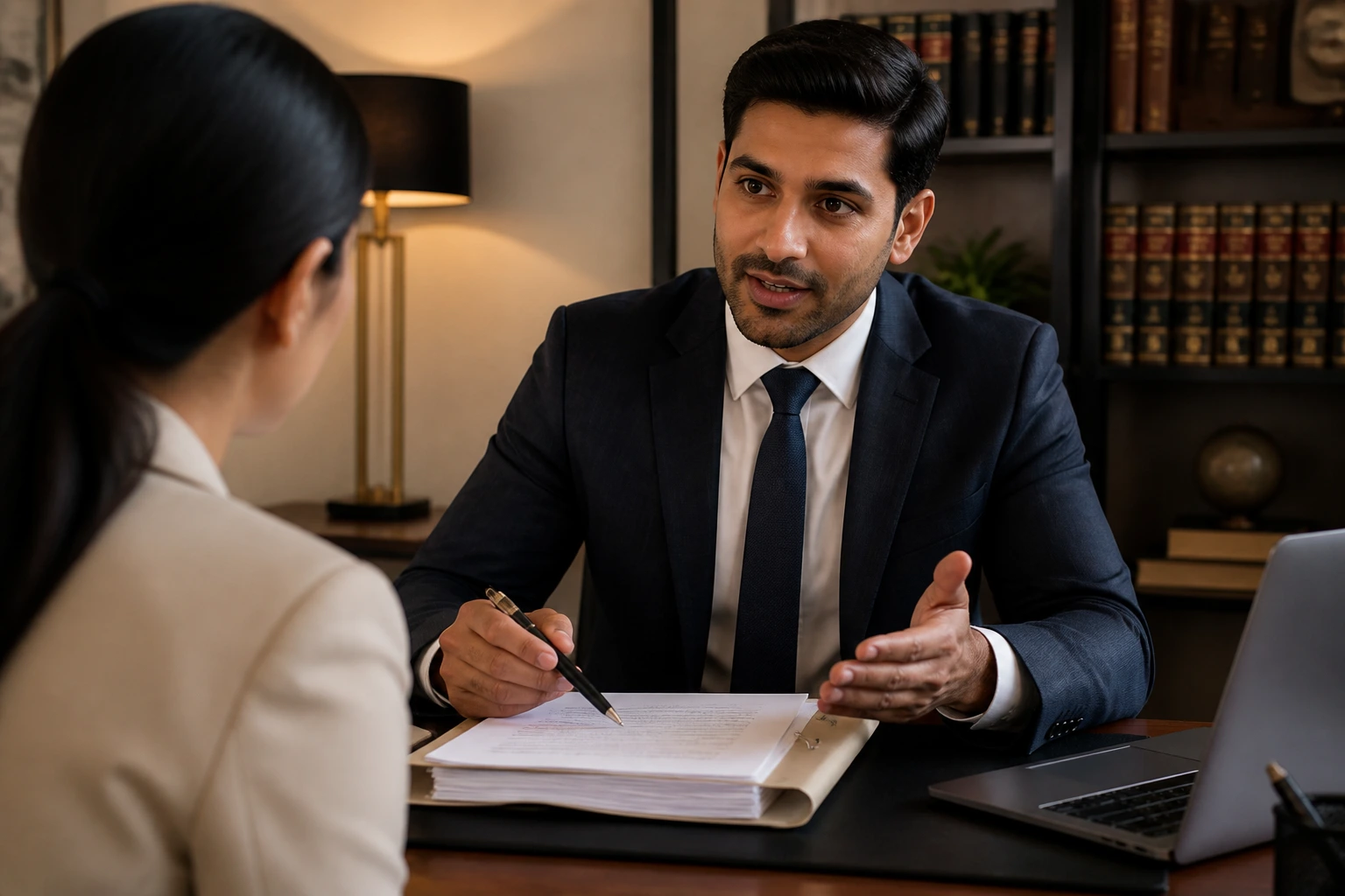 Portrait of a real attorney in an consultative office scene, emphasizing strategic legal guidance