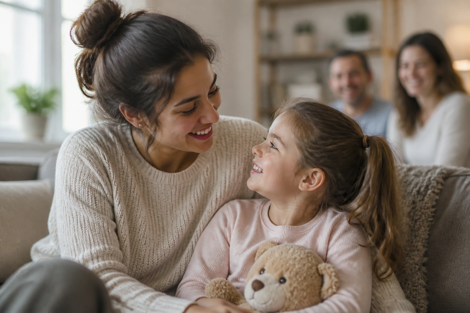 Au pair placement concept with caregiver and child in a warm home