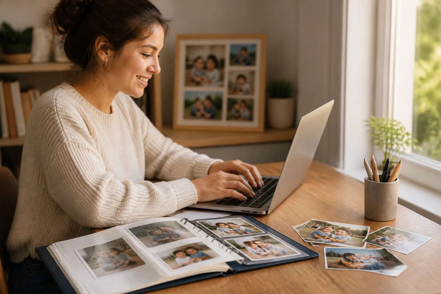 Person crafting an au pair profile at a desk with laptop and photos