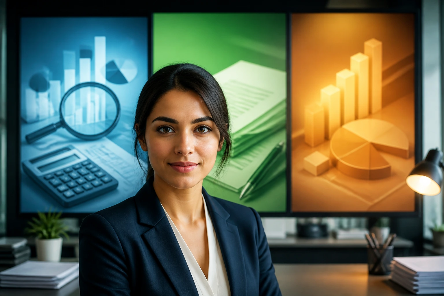 Accountant in office with three color-coded panels representing different accounting specializations.