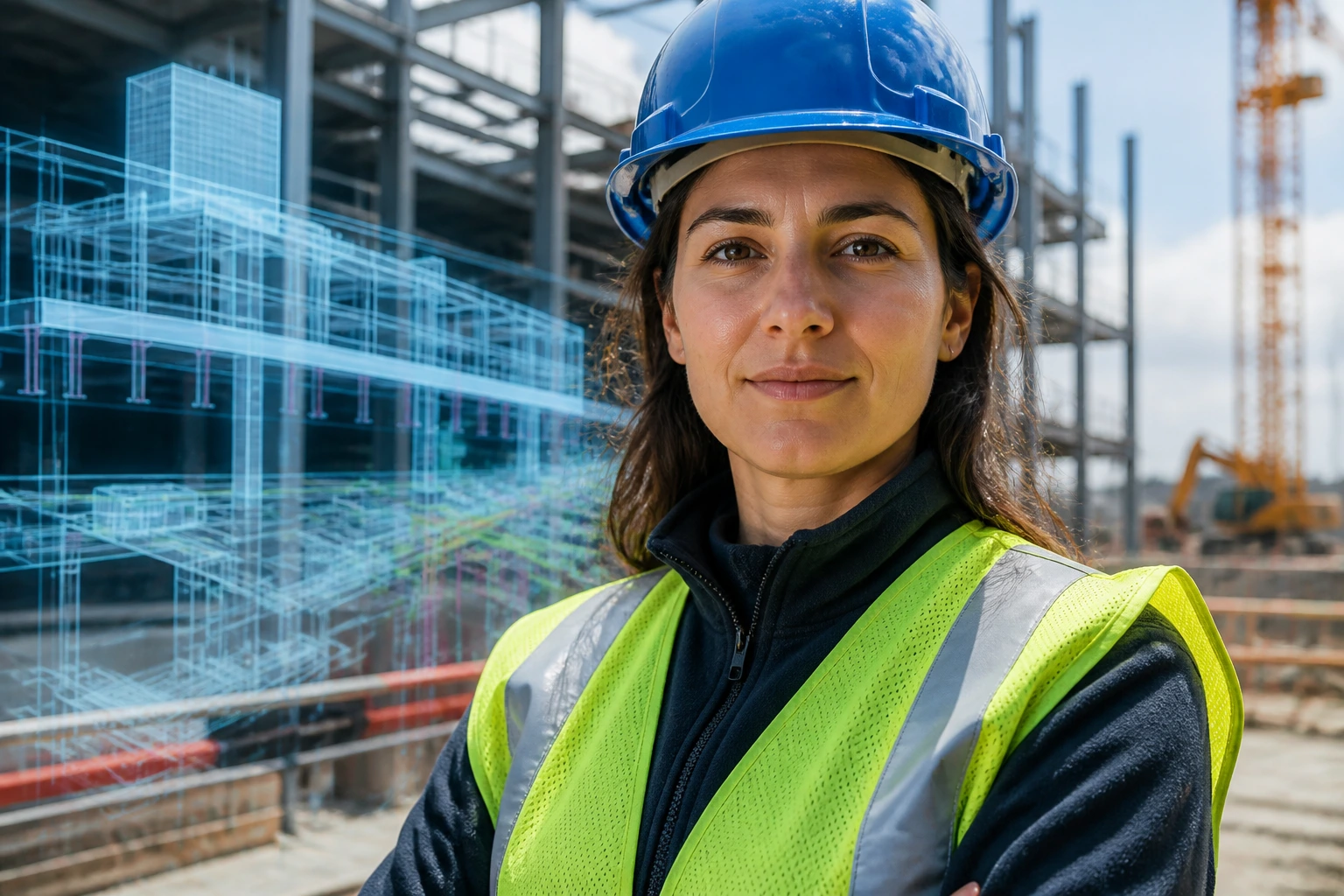 Close-up portrait of a real engineer on a construction site with BIM overlays in the background
