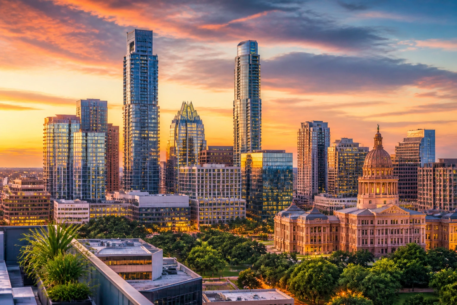 Austin skyline at sunset with Capitol dome visible