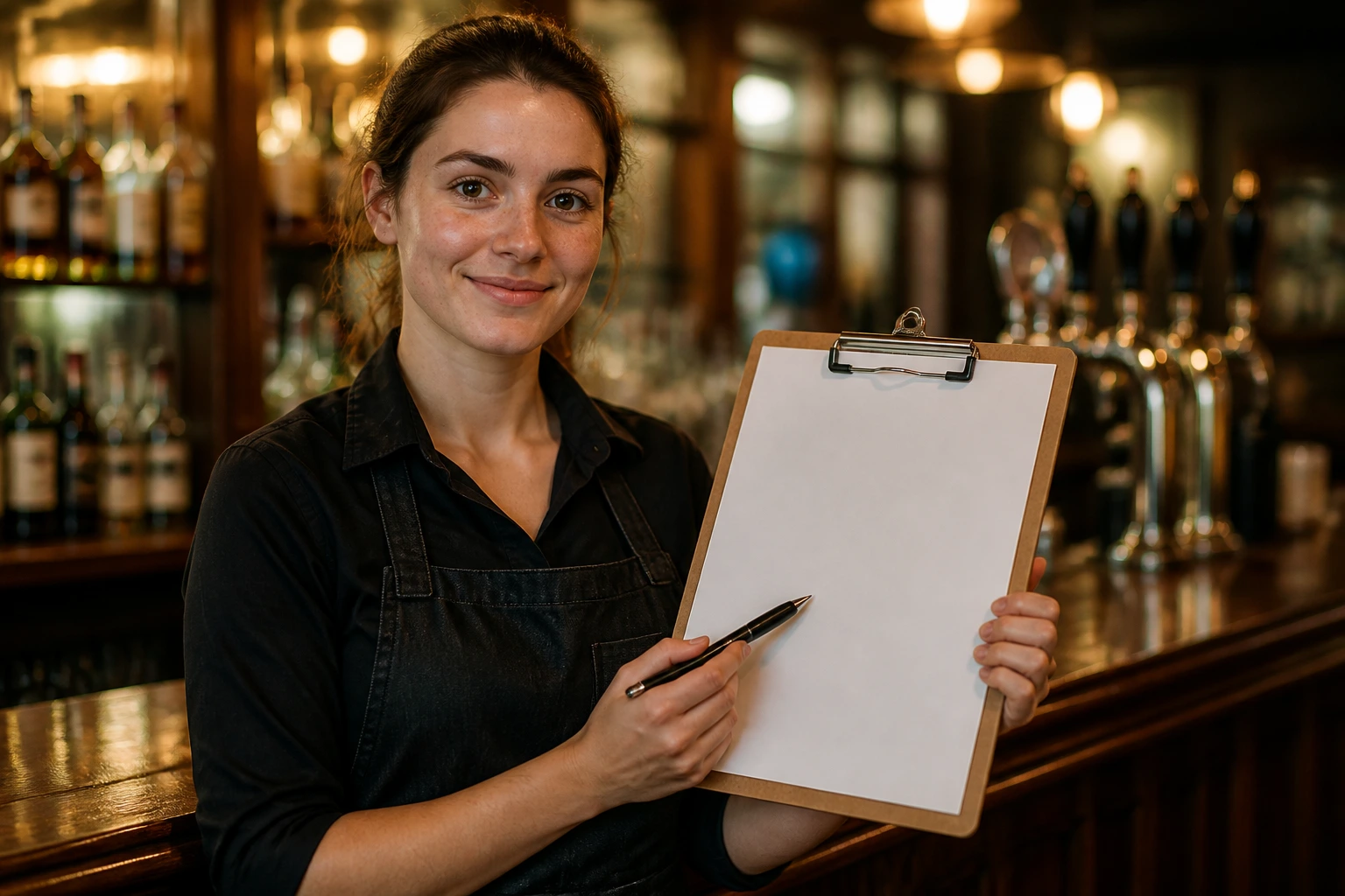 Pub staff member with clipboard near a bar, suggesting contract details.