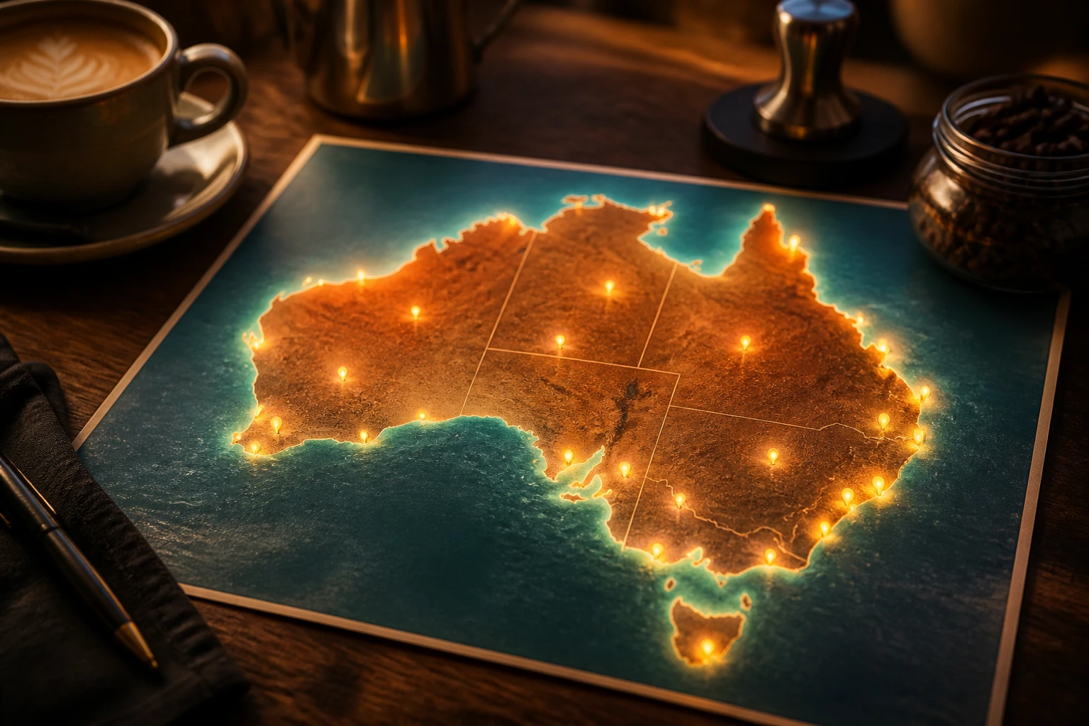 Close-up map of Australia highlighting regional coffee job hotspots