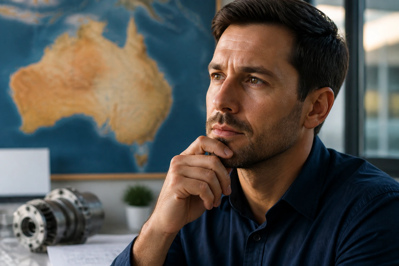 Close-up portrait of engineer with blurred map of Australia in background
