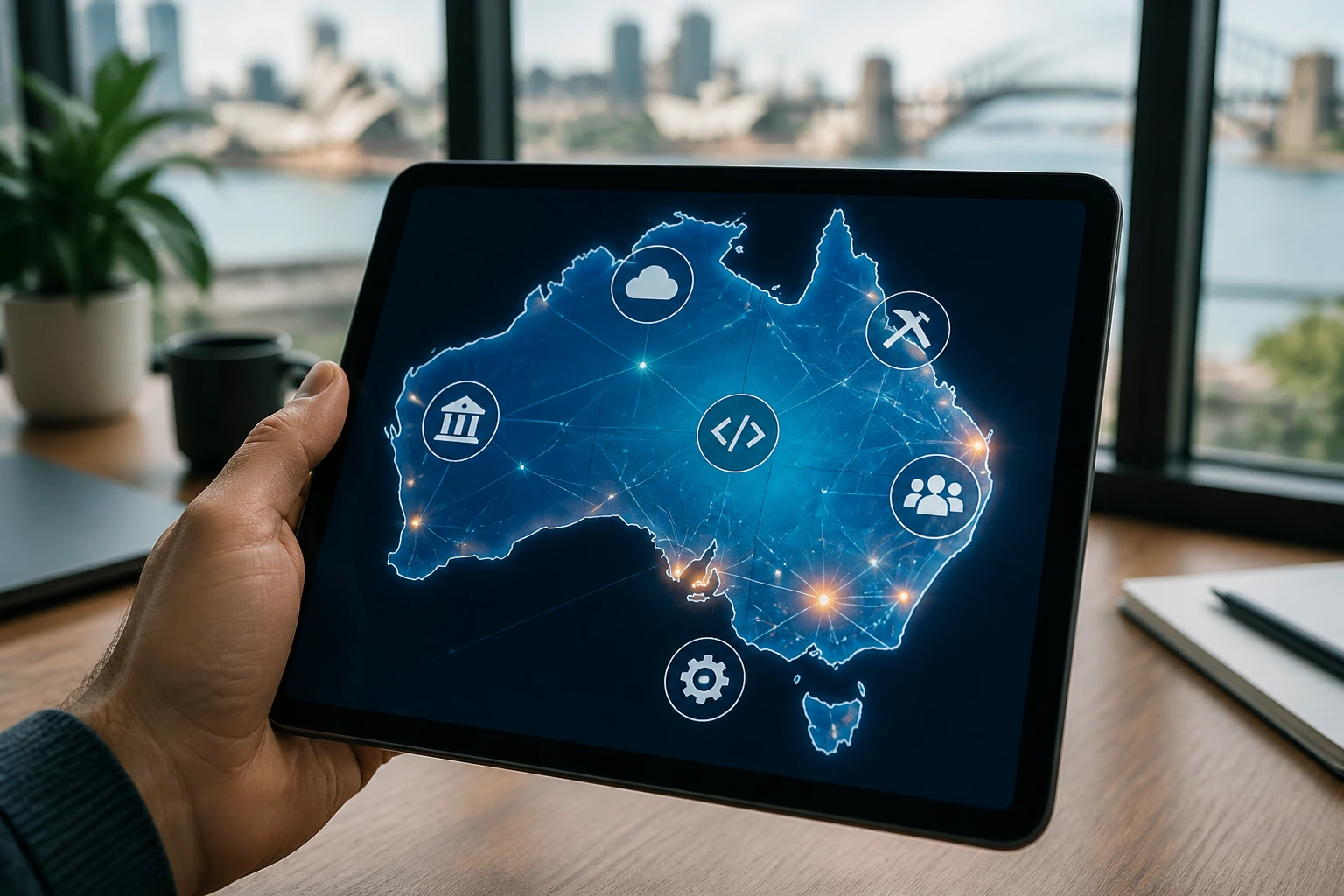 Close-up of a hand holding a tablet showing an Australian tech market map with sector icons in an office.