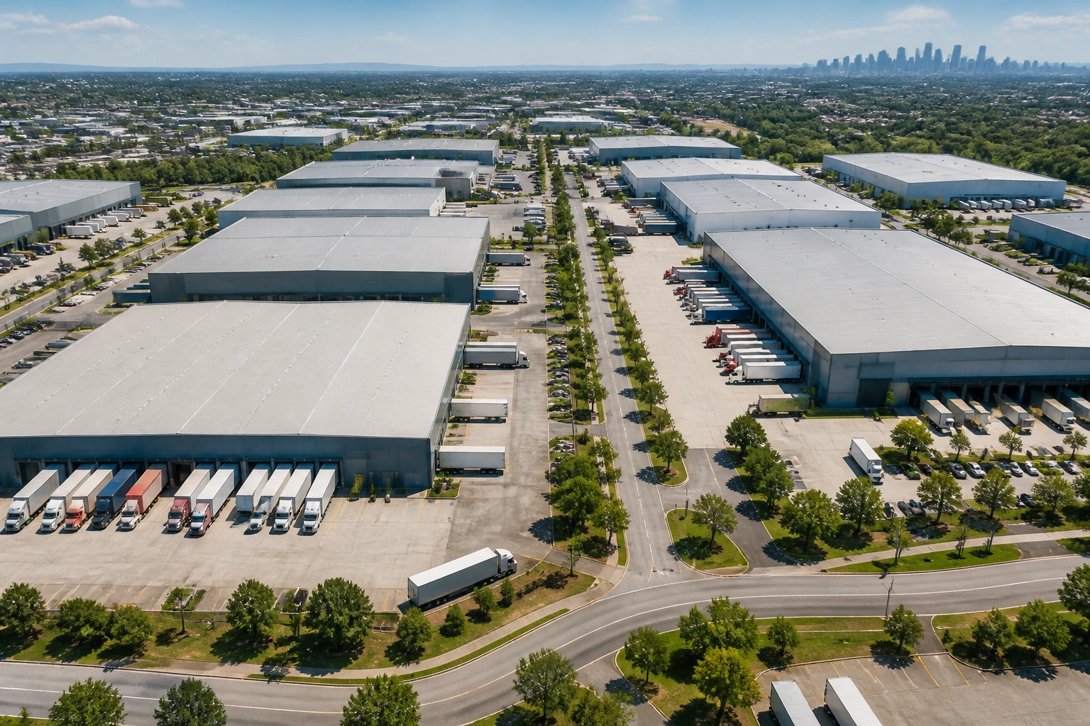 Panoramic view of an industrial park with multiple warehouses, illustrating concentration of e-commerce jobs