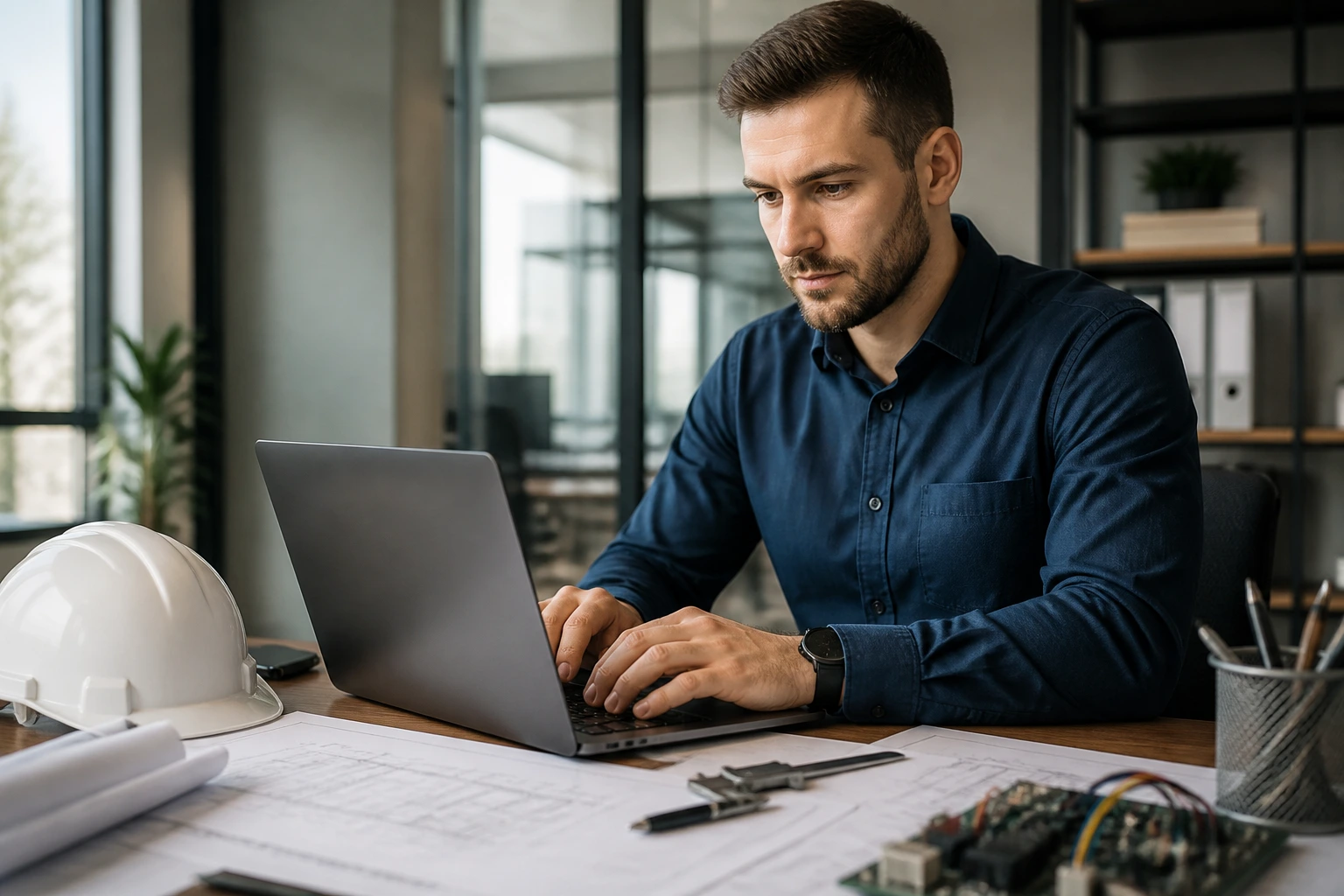 Engineer crafting CV on laptop in modern office