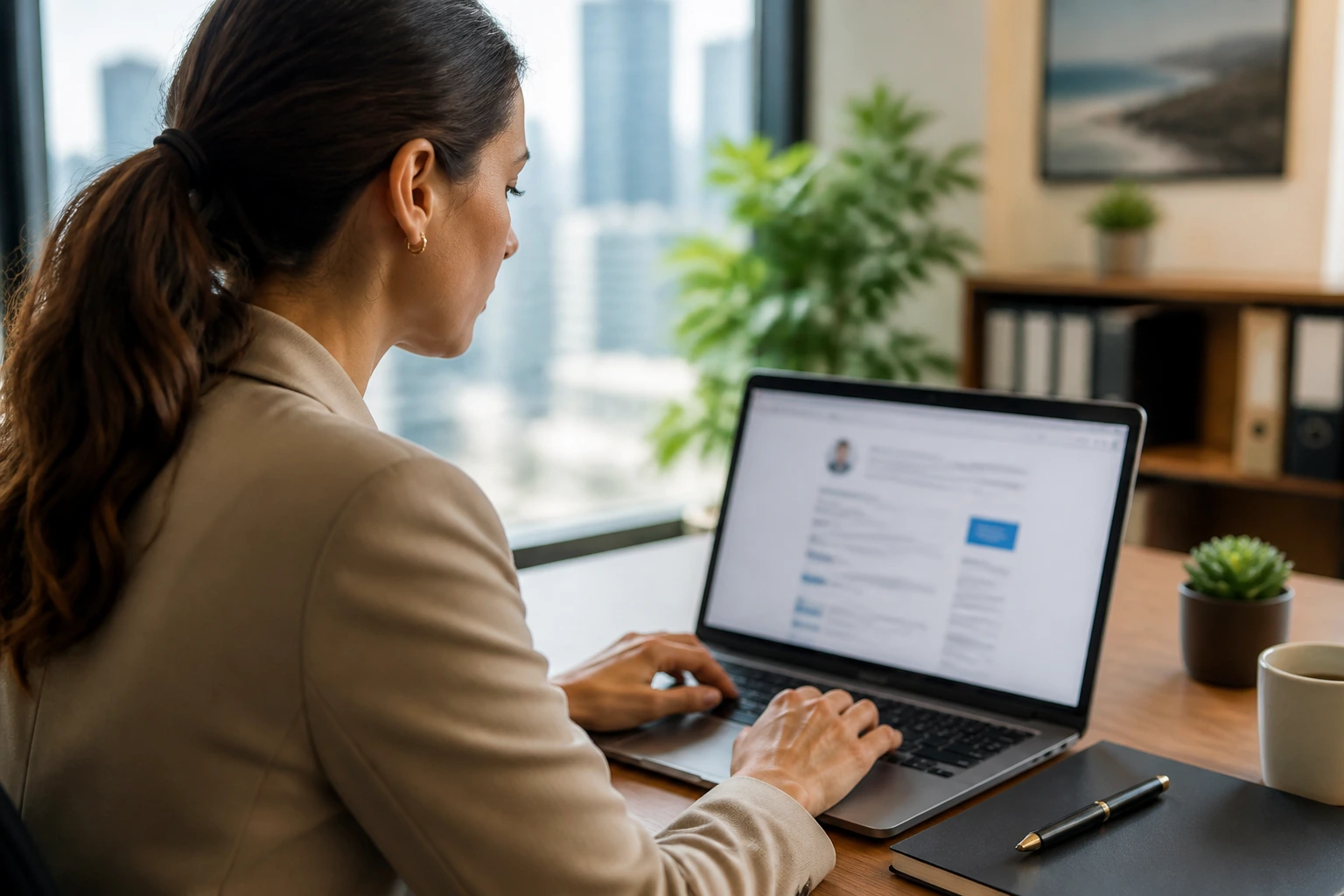 Close-up of a professional editing a CV on a laptop with a blurred screen in a bright office