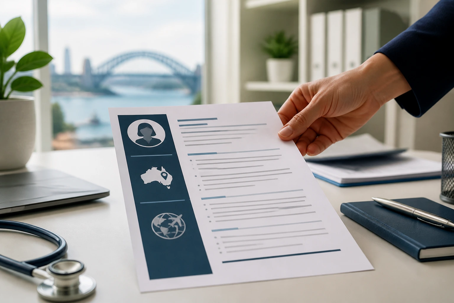 Close-up of a clean, icon-based Australian CV being placed on a desk