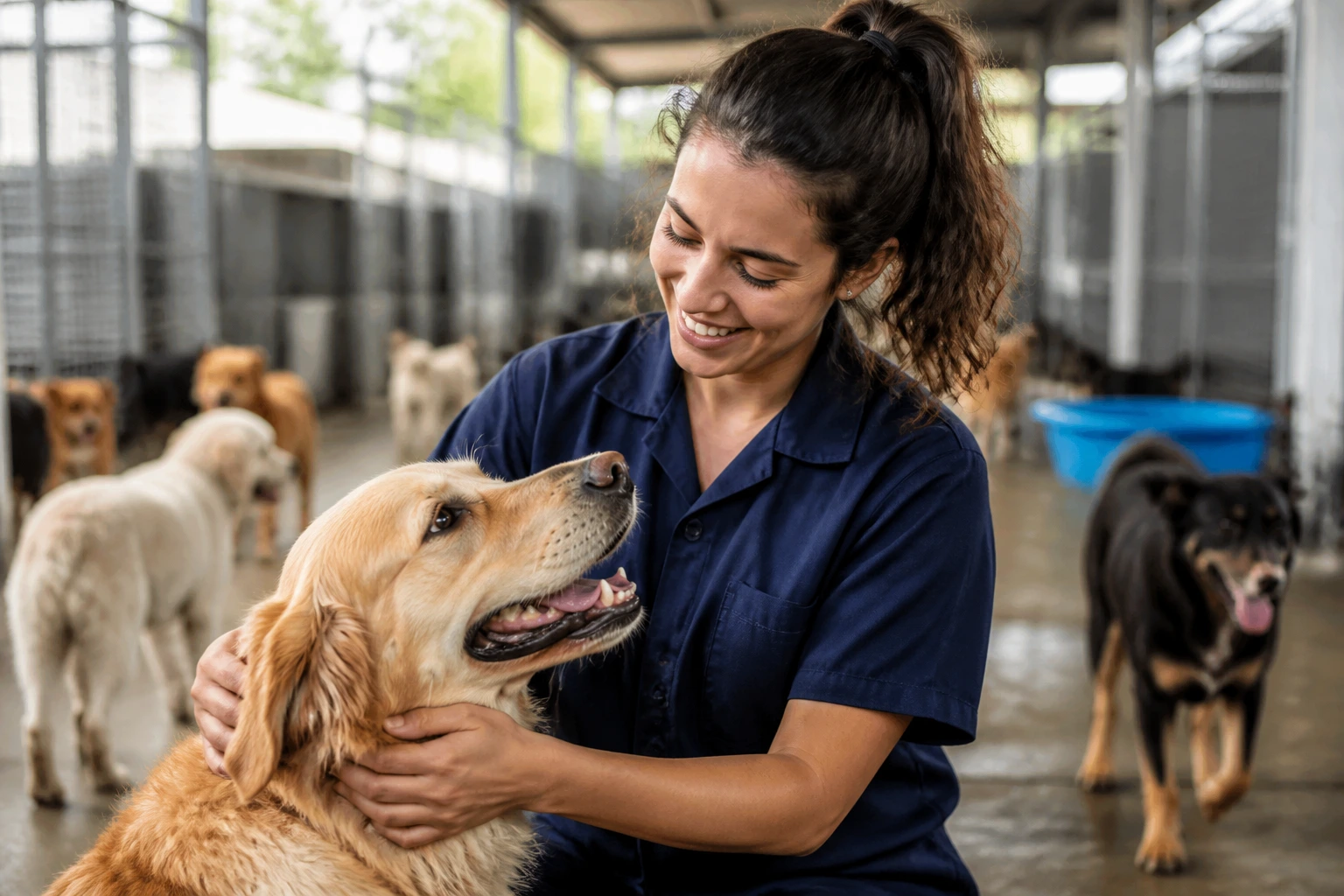 Portrait of a dog-care worker in a kennel, building Australian experience in real-work setting