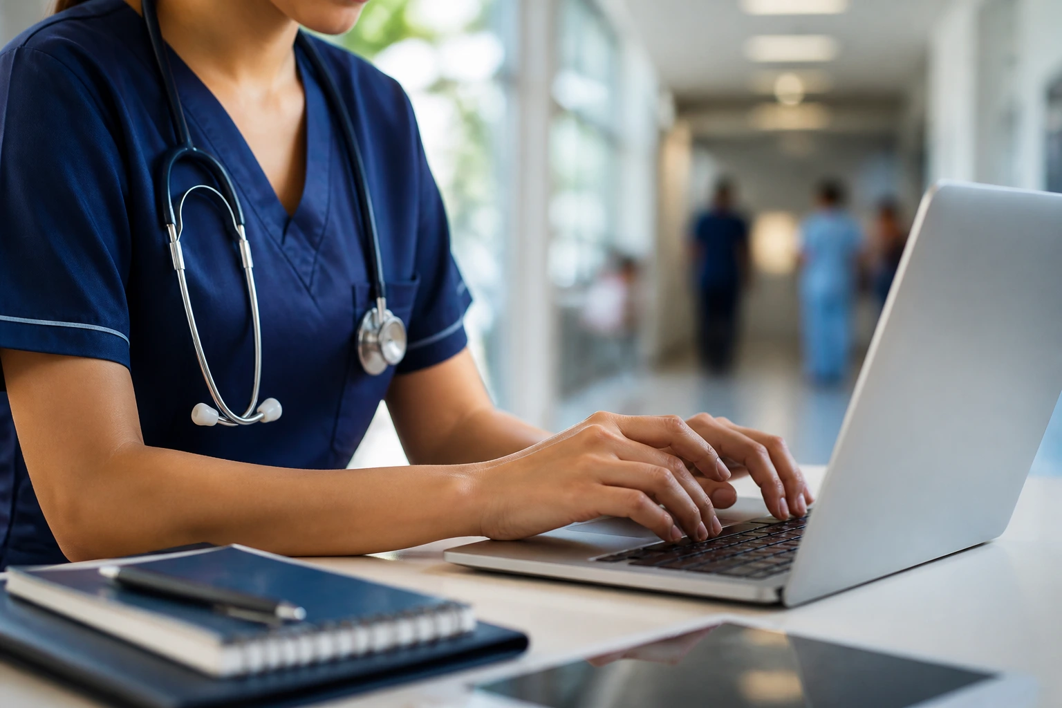 Close-up of a nurse typing on a laptop to craft an Australian nursing profile