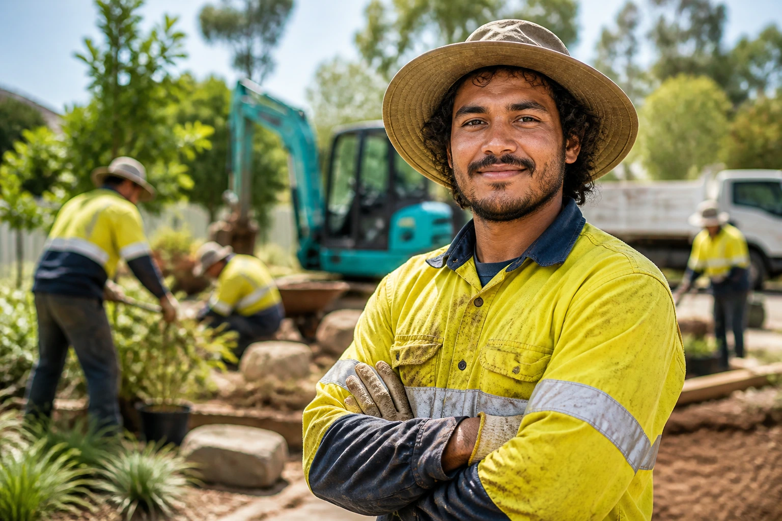 Site worker in safety gear on a busy Australian landscape site