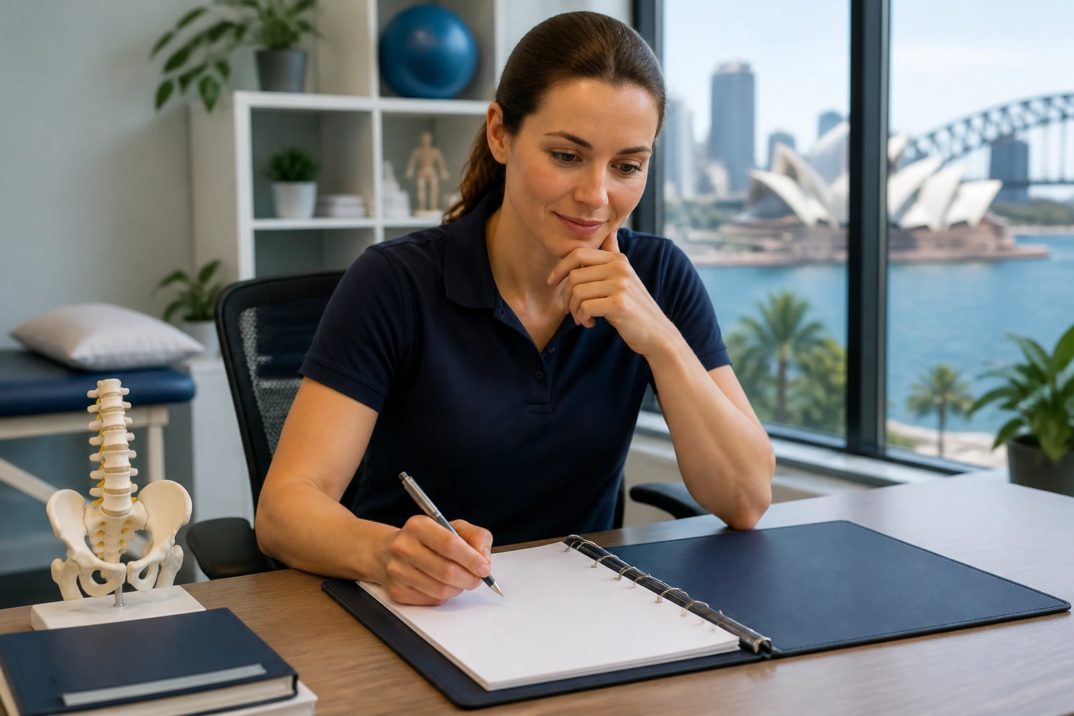 Physiotherapist at a tidy desk with a blank resume binder in a professional office