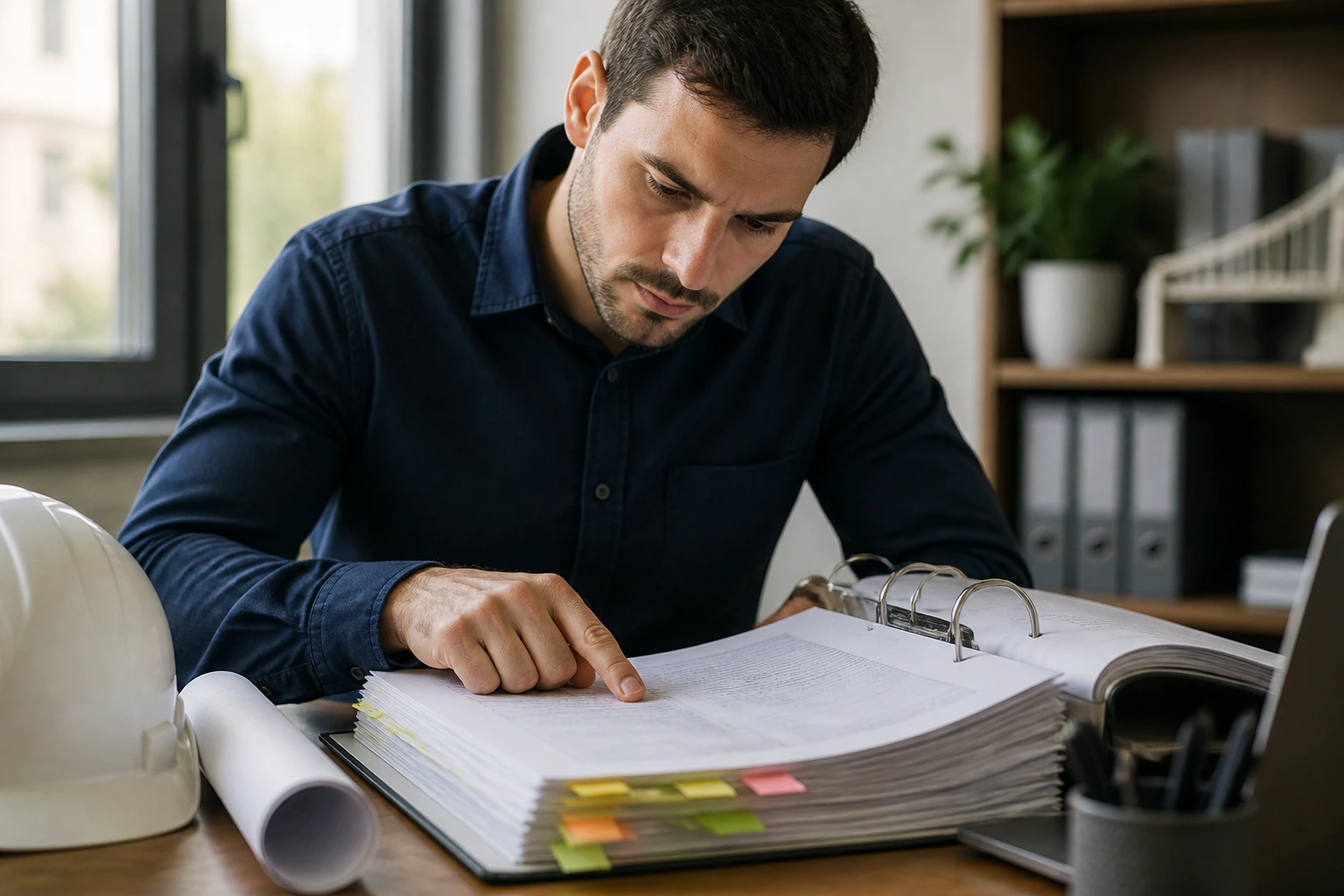 Engineer studying Australian Standards at a desk.