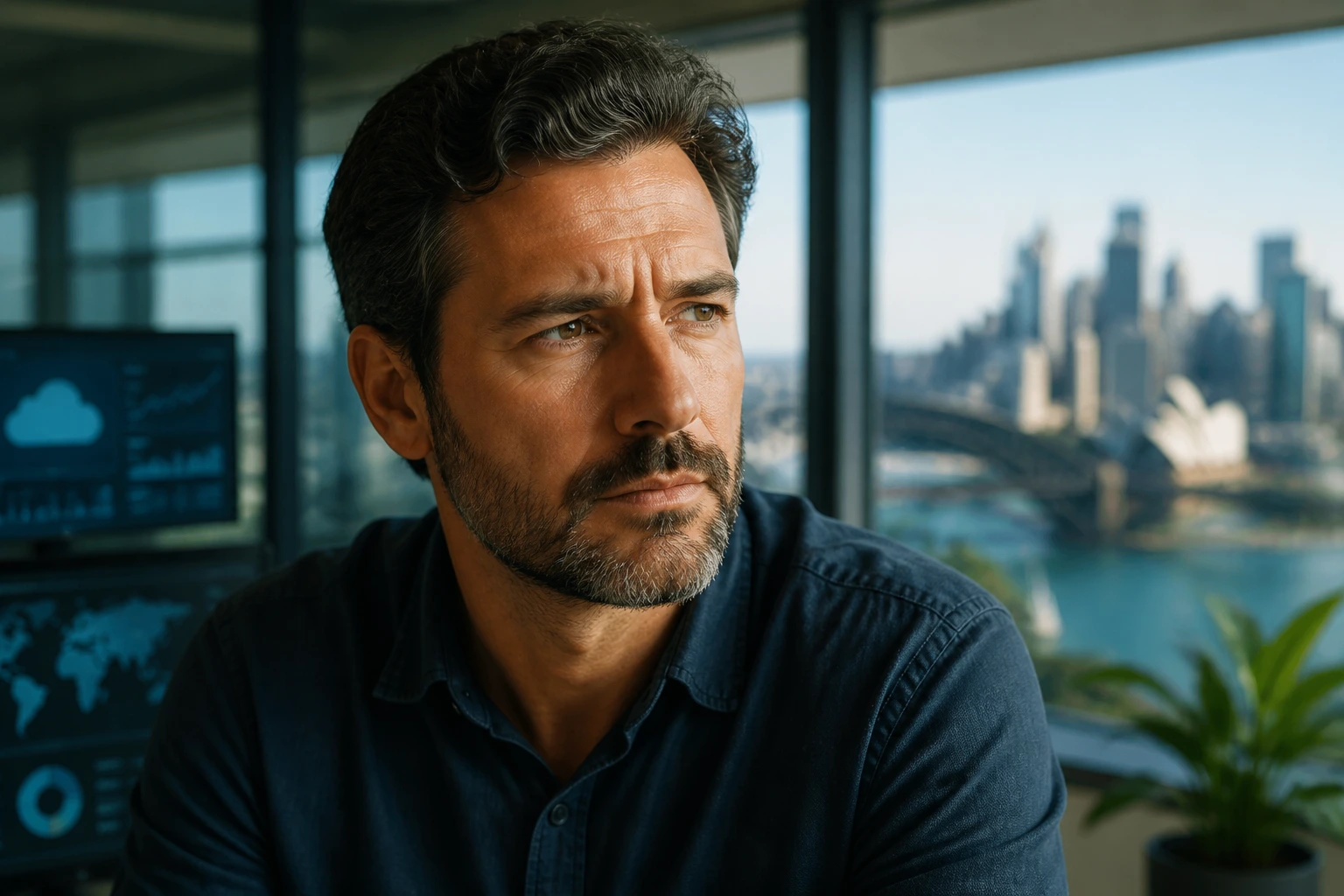 Close-up portrait symbolizing Australian tech market realities in a modern office