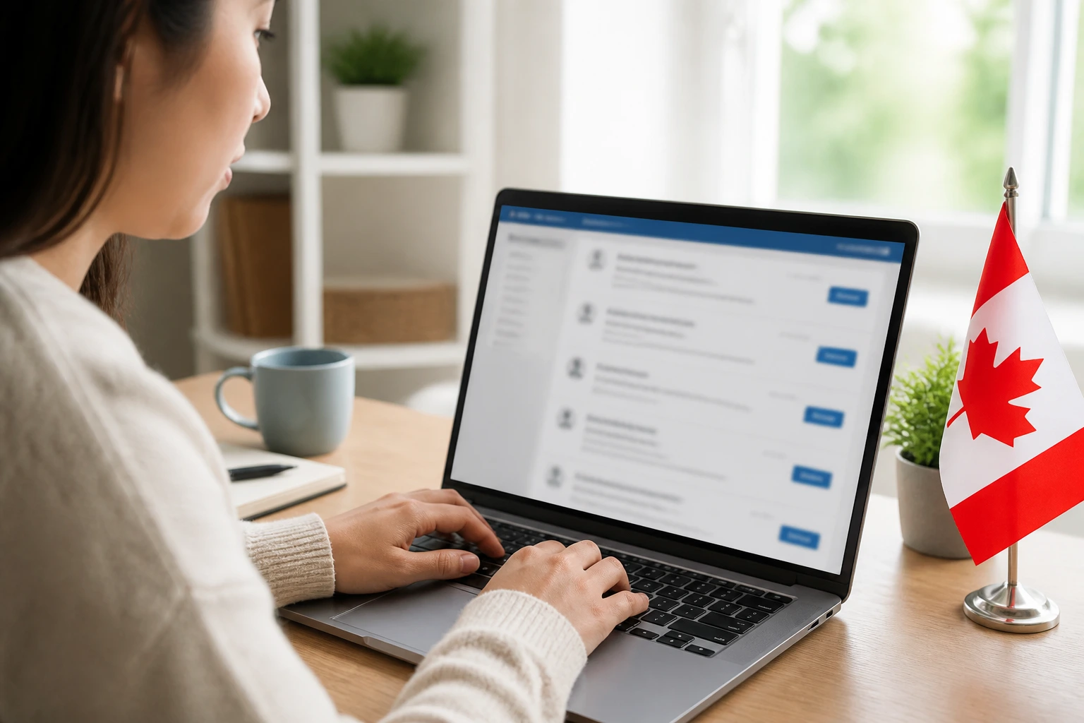 Real person browsing legitimate caregiver job openings on a laptop