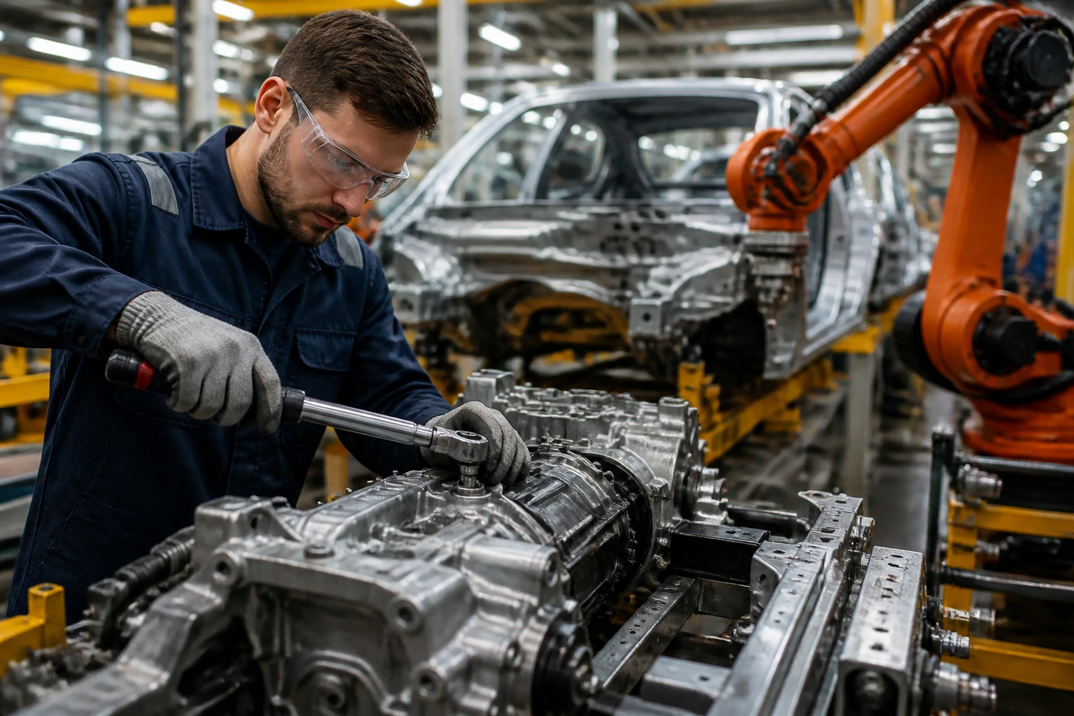 Technician tightening fasteners on car parts on an automotive line