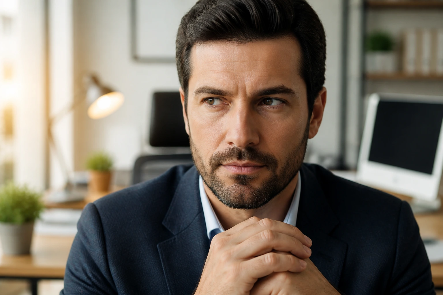 Portrait of a wary professional in an office, signaling vigilance against recruitment scams.