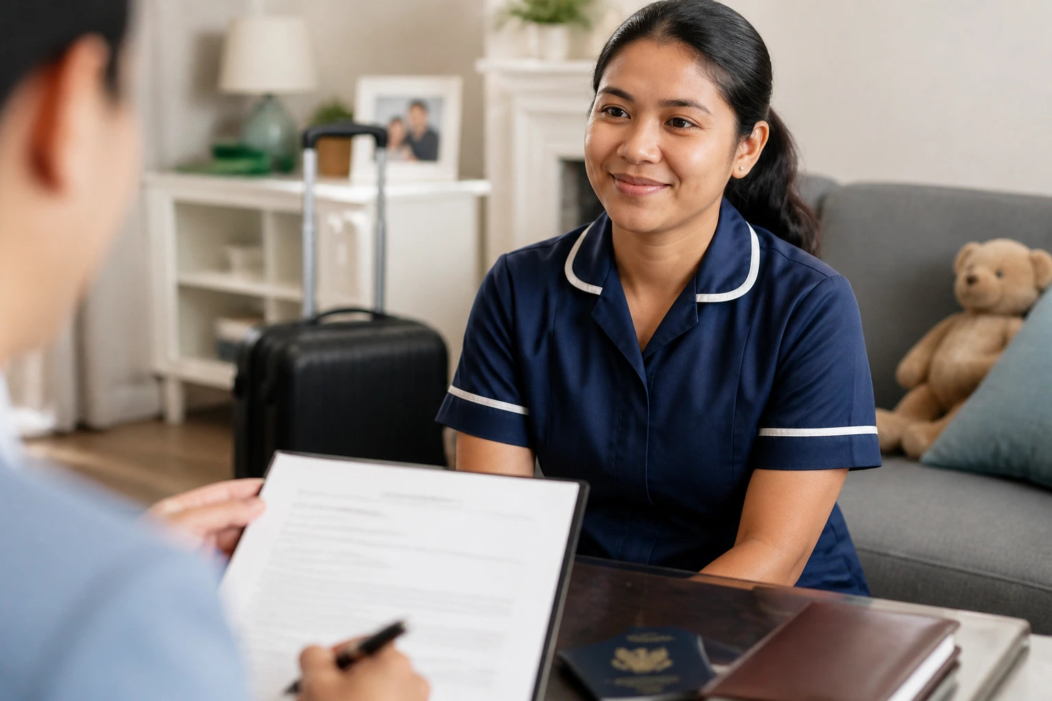 Real person in a home with blurred documents illustrating B-1 domestic employee visa
