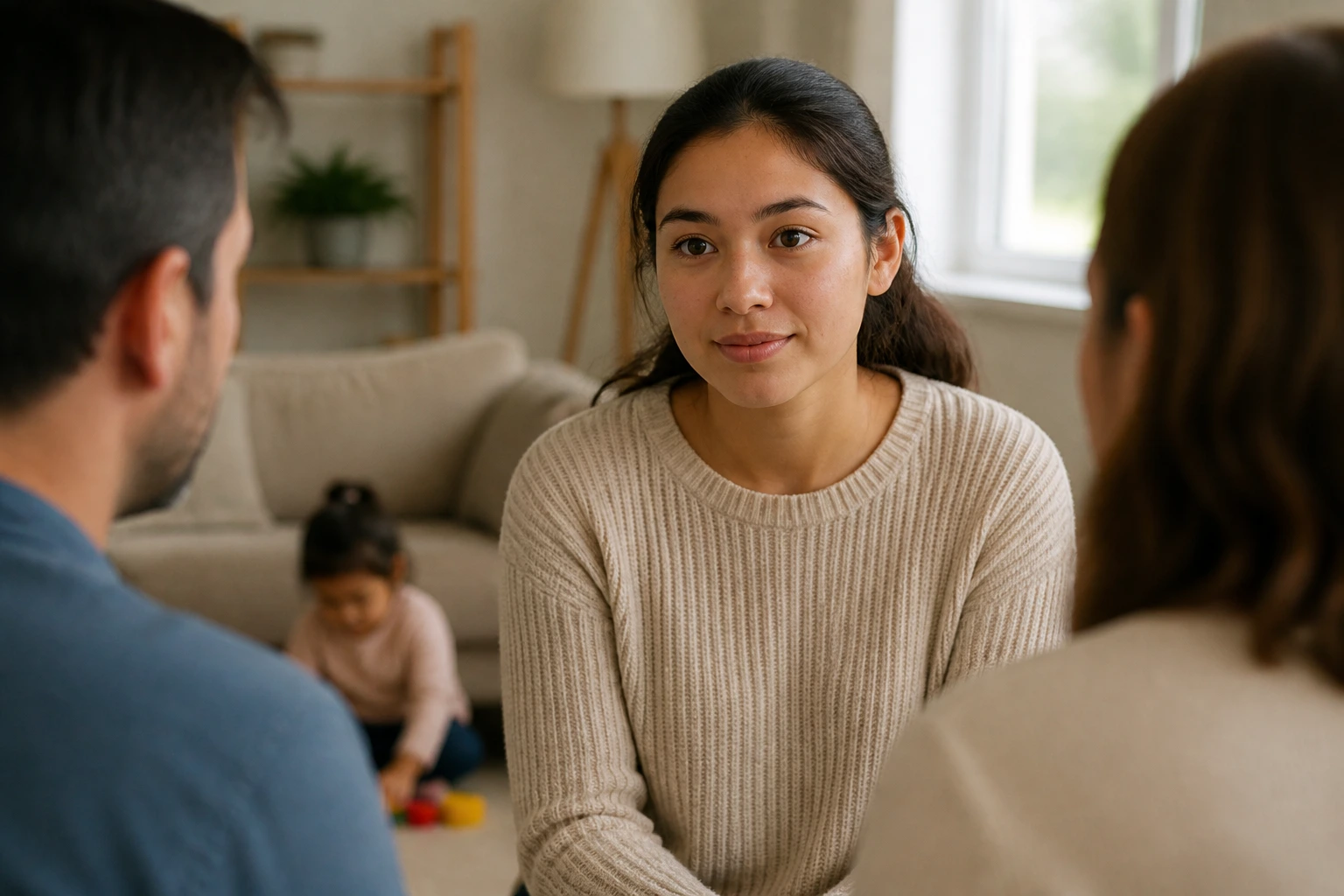 Close-up of a babysitter candidate during a home interview in a warm living room
