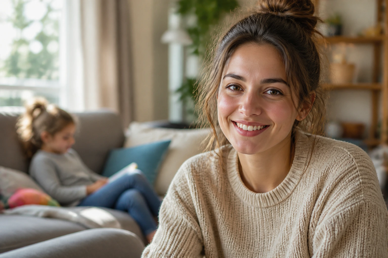 Close-up portrait of a babysitter in a cozy living room with a child visible in the background