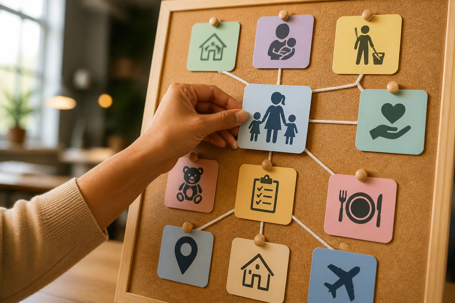 Hand adjusting backup-plan icons on a board in a coworking space.