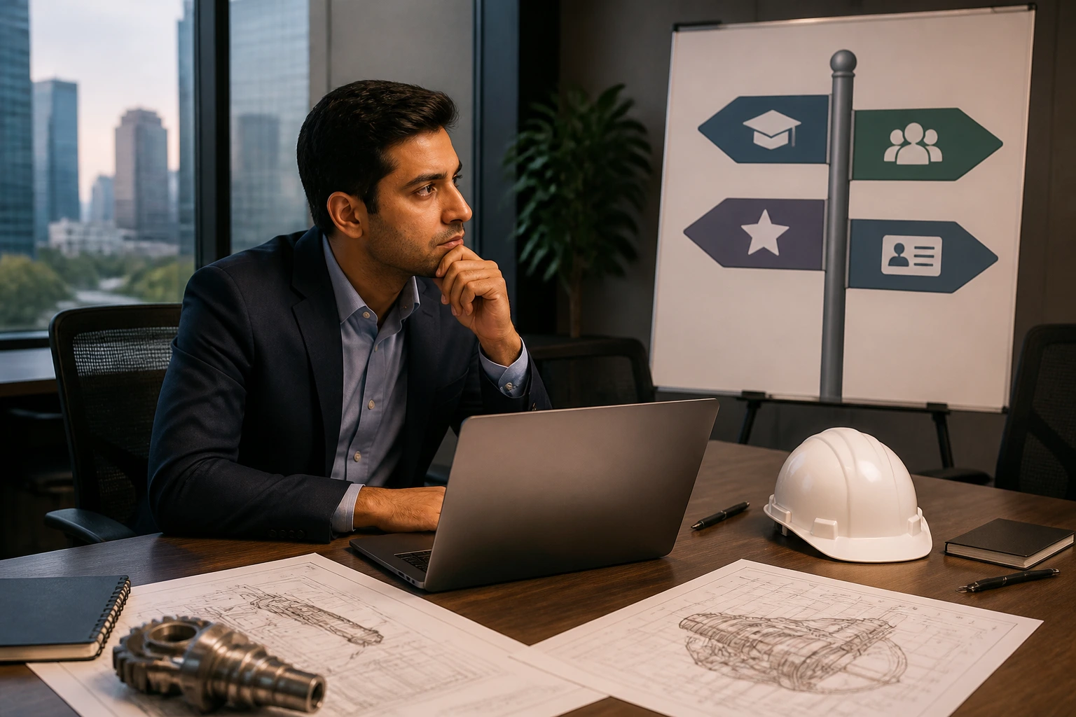 Professional considering backup visa paths in a conference room