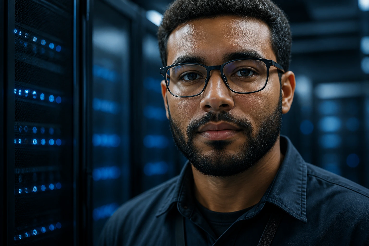 Close-up head-and-shoulders portrait of a BAE Systems cybersecurity engineer in a data center
