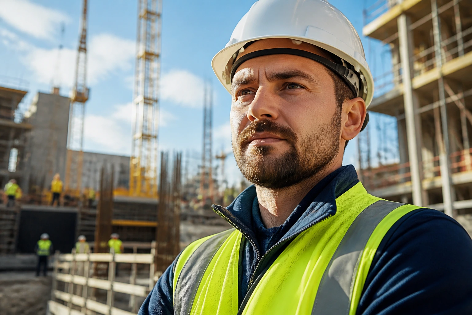 Site supervisor on a busy construction site wearing hard hat and hi-vis jacket.