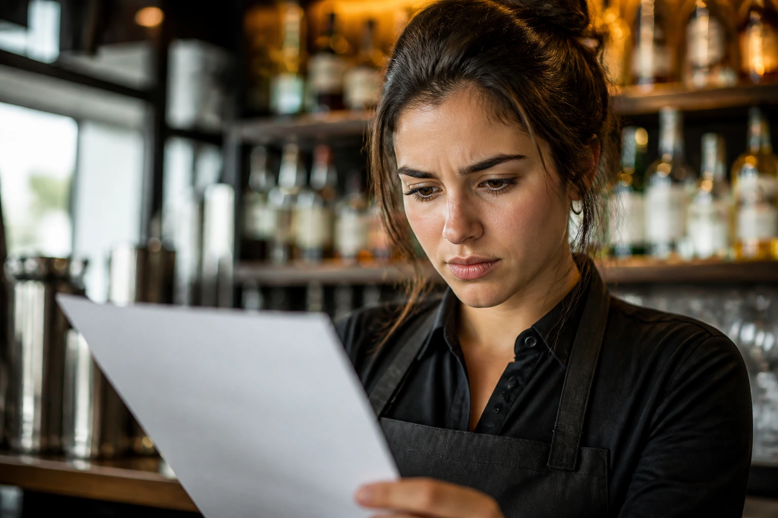 Close-up of a bar worker reading a blurred job advert document