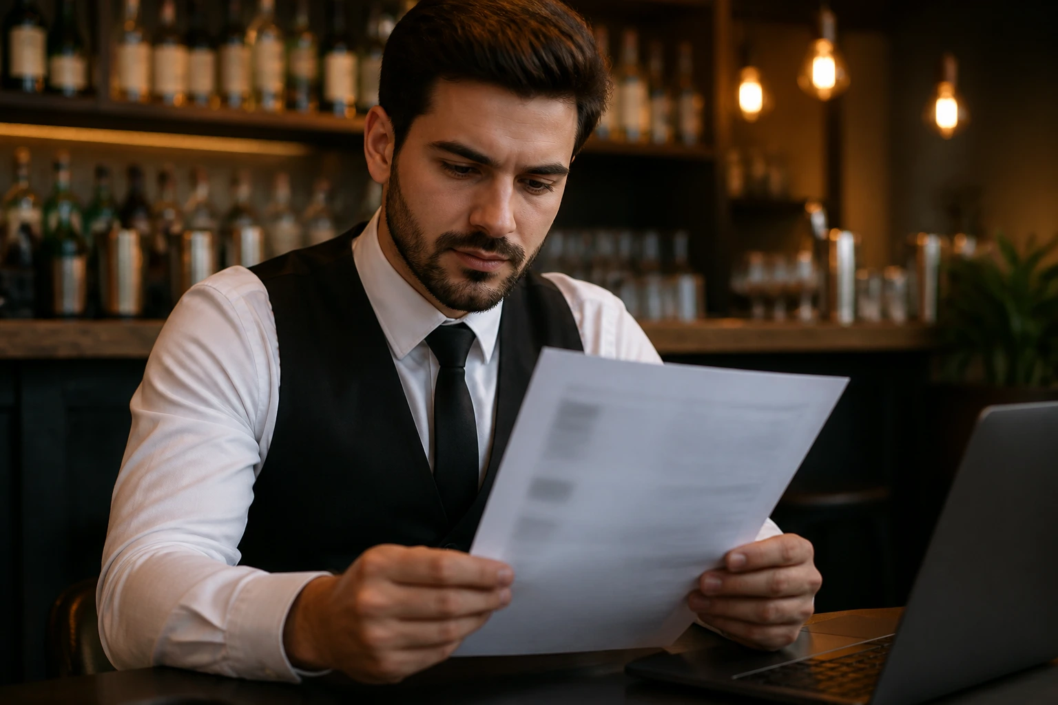 Close-up of a person reviewing a blurred CV on a desk in a cafe-style setting