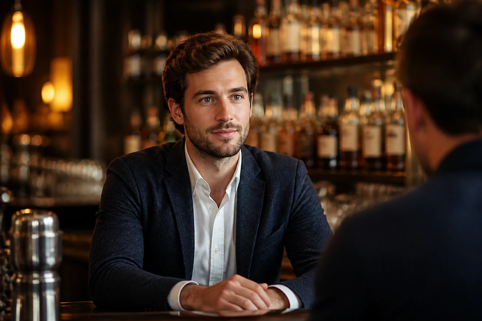 Calm, competent bar candidate in an interview setting at a counter